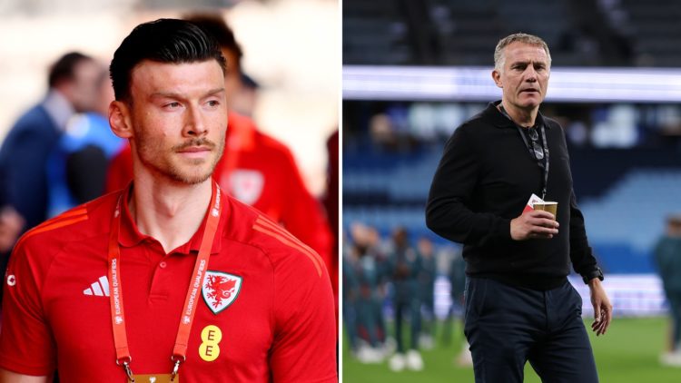 Split Image of Kieffer Moore of Wales arrives at the stadium prior to the FIFA 2026 Qualifier between Belgium and Wales, Wrexham AFC Phil Parkinson...