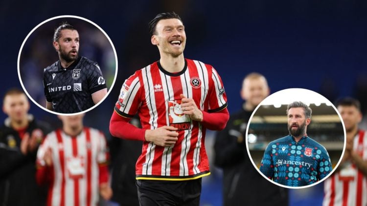 Image of Kieffer Moore of Sheffield United celebrates in front of the fans after the Sky Bet Championship match between Cardiff City FC and Sheffie...