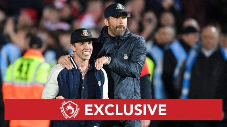 Image of Rob McElhenney and Ryan Reynolds celebrate on the pitch after the English National League football match between Wrexham and Boreham Wood,...