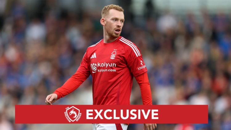 Image of Lewis O'Brien of Nottingham Forest reacts during the Pre-Season Friendly match between Chesterfield and Nottingham Forest, Inset of the Wr...