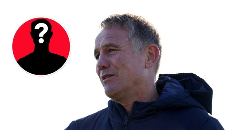 Image of Phil Parkinson, coach of Wrexham AFC speaks to the media during a Wrexham AFC media opportunity, inset of a mystery player