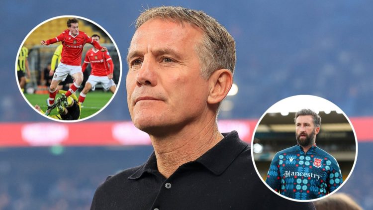 Image of Manager of Wrexham AFC, Phil Parkinson is seen during the match between Wrexham AFC and Sydney, insets of Wrexham's Harry Ashfield control...