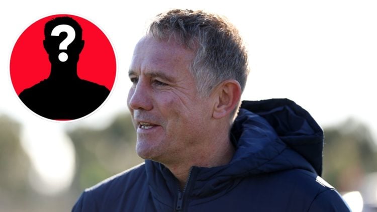 Image of Phil Parkinson, coach of Wrexham AFC speaks to the media during a Wrexham AFC media opportunity, inset of a mystery player