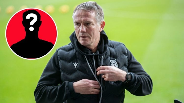 Image of Phil Parkinson is present during the Sky Bet League 1 match between Stockport County and Wrexham, inset of a mystery player