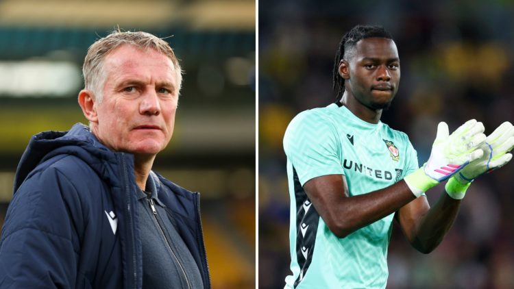 Split Image of Coach Phil Parkinson of Wrexham AFC during the match between Wellington Phoenix and Wrexham, Arthur Okonkwo of Wrexham AFC looks on ...
