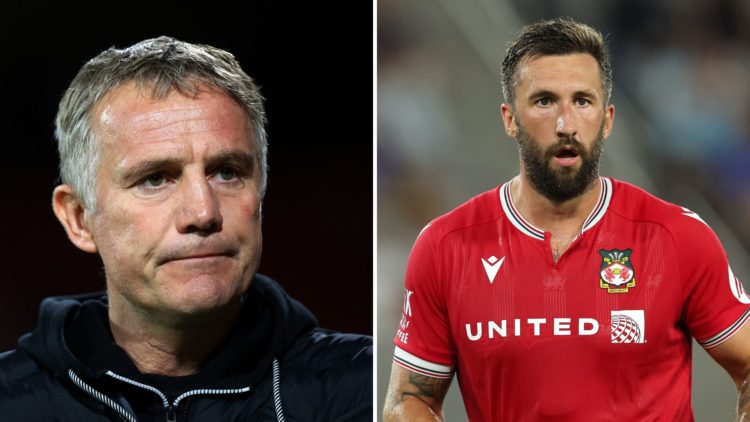 Split Image of Phil Parkinson watches on during Wrexham v Wolverhampton Wanderers U21 in the Bristol Street Motors Trophy clash, Ollie Palmer of Wr...