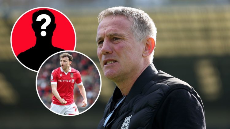 Image of Phil Parkinson, Manager of Wrexham looks on prior to the Sky Bet League One match between Wycombe Wanderers FC and Wrexham, insets of Olli...