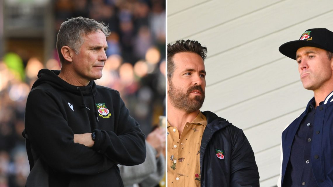 Split Image of Phil Parkinson, Wrexham manager during the Sky Bet League 2 match between Notts County and Wrexham, Ryan Reynolds and Rob McElhenney...
