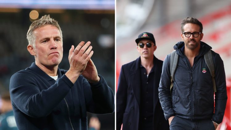 Split Image of Phil Parkinson, Head Coach of Wrexham AFC applauds after the team's victory in the match between Melbourne Victory and Wrexham, Wrex...