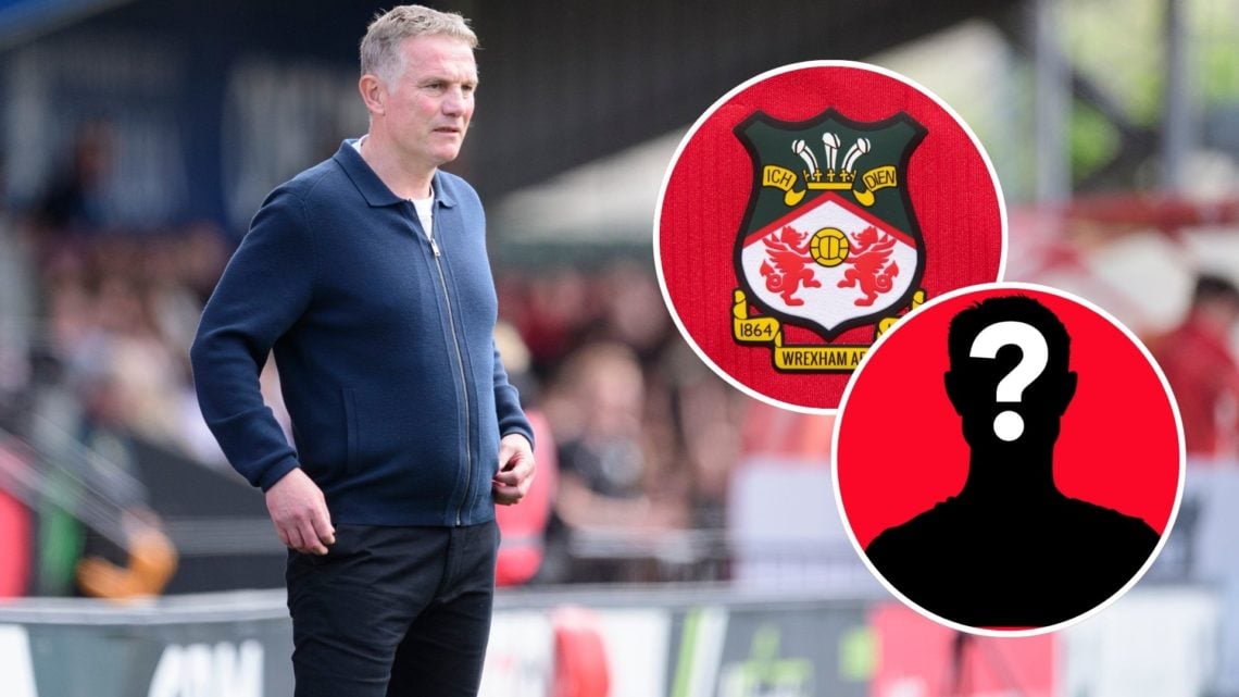 Image of Phil Parkinson, manager of Wrexham during the Sky Bet League One match between Lincoln City FC and Wrexham, Insets of The official club ba...