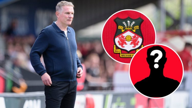 Image of Phil Parkinson, manager of Wrexham during the Sky Bet League One match between Lincoln City FC and Wrexham, Insets of The official club ba...