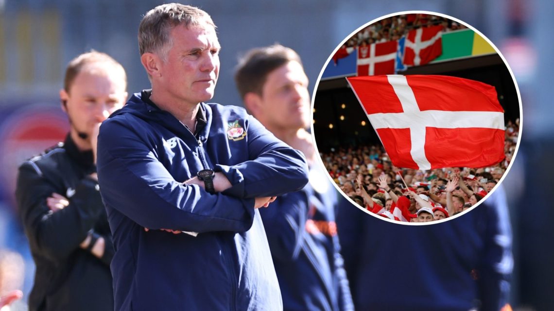 Wrexham boss Phil Parkinson looks on against Halifax Town. Inset, the Denmark flag flown by fans against Slovenia.