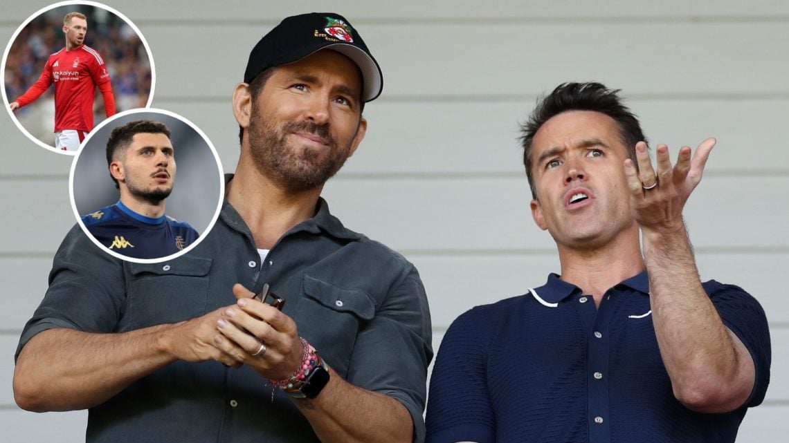 Image of Ryan Reynolds, Owner of Wrexham and Rob McElhenney, Actor and Co-Owner of Wrexham react prior to the Vanarama National League Play-Off Sem...