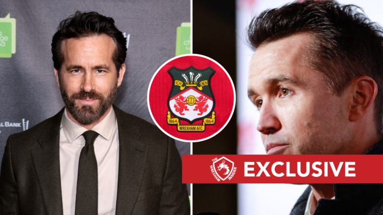 Ryan Reynolds attends the 2023 Bring Change To Mind Gala. Rob McElhenney attends "Wales To The World" at Sony Hall. The official club badge of Wrex...