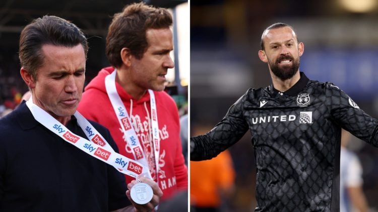 Split Image of Ryan Reynolds and Rob McElhenney co owners of Wrexham as Rob looks as his runners up medal during the Sky Bet League One match betwe...