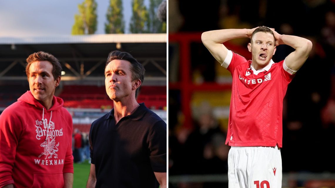 Split Image of Ryan Reynolds and Rob McElhenney co owners of Wrexham during the Sky Bet League One match between Wrexham AFC and Charlton Athletic,...