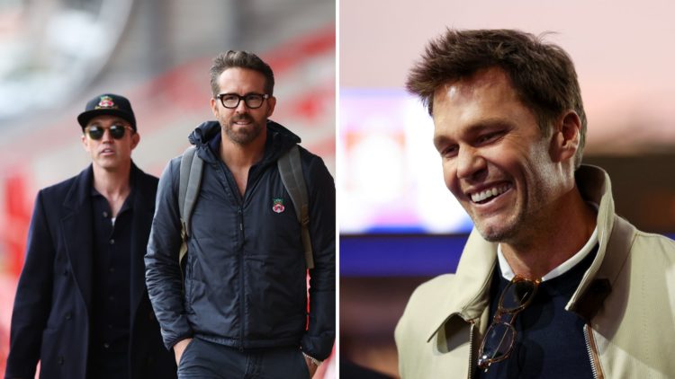 A split image of Wrexham's Rob McElhenney and Ryan Reynolds (L) and Birmingham City's Tom Brady (R)