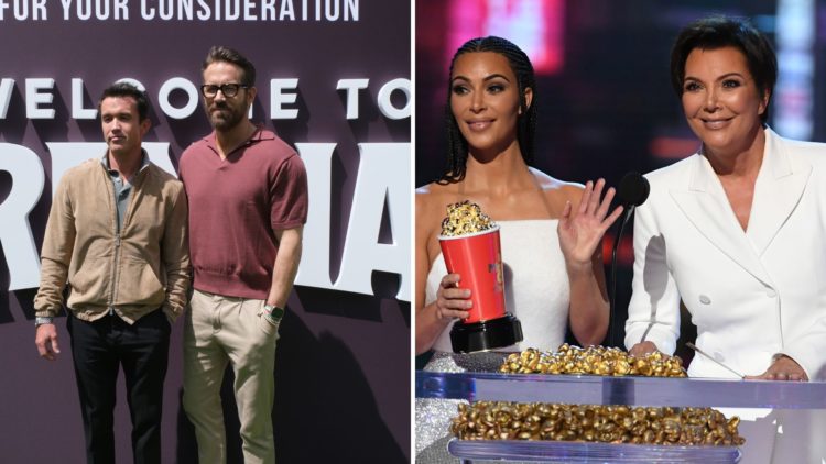 A split image of Ryan Reynolds and Rob McElhenney attending the FYC Red Carpet For FX's "Welcome To Wrexham" (L) and Kim Kardashian and Kris Jenner...