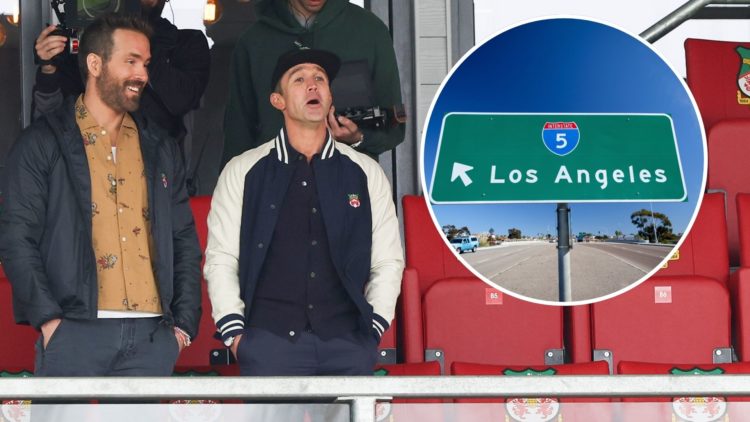 Ryan Reynolds and Rob McElhenney look on as Wrexham prepare to face Notts County. Inset, a road sign for Los Angeles, California, United States.
