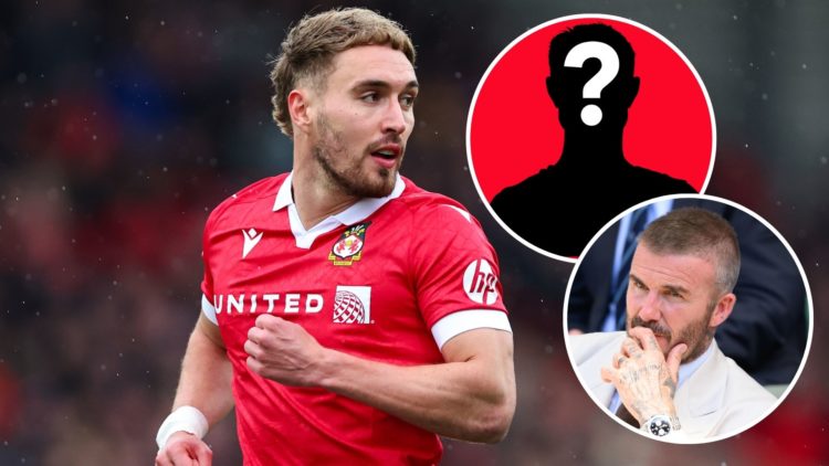 Image of Sam Smith of Wrexham during the Sky Bet League One match between Wrexham AFC and Bristol Rovers, inset of Sir David Beckham attends day on...