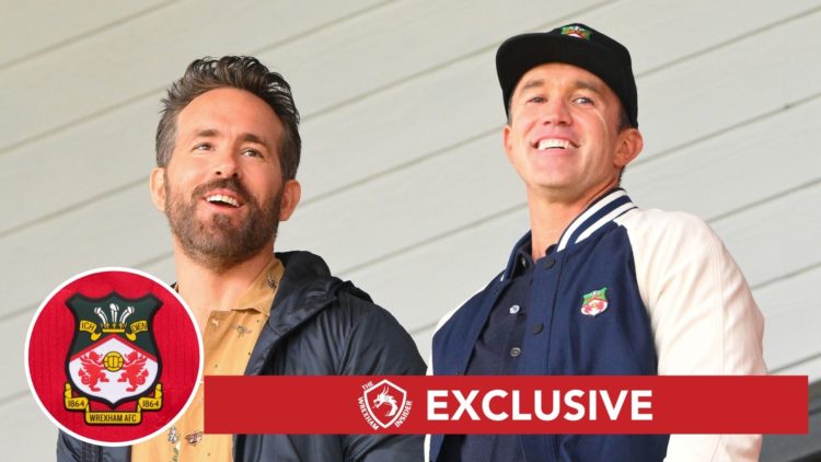 Image of Ryan Reynolds and Rob McElhenney look on ahead of Wrexham v Notts County, inset of The official club badge of Wrexham AFC, Wrexham Insider...