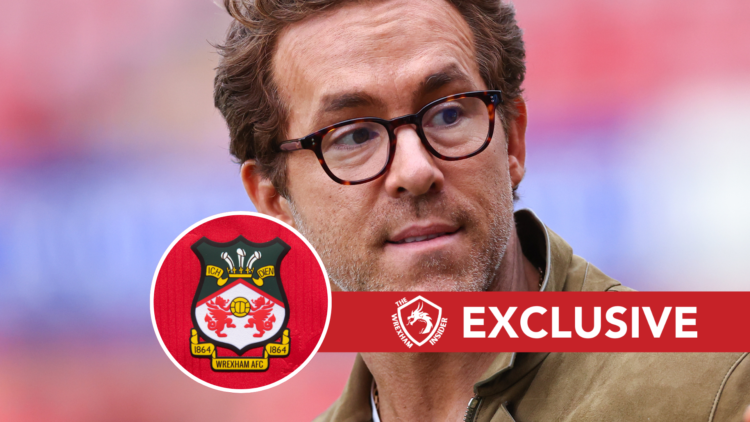 Wrexham co-owner Ryan Reynolds. Inset, Wrexham badge. Overlaid, exclusive branding.