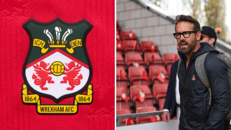 The official club badge of Wrexham AFC on a home shirt. Rob McElhenney and Ryan Reynolds arrive ahead of the Vanarama National League match between...