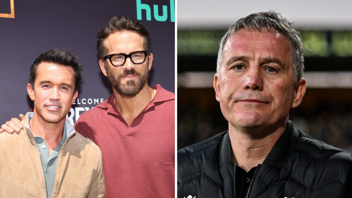 Rob McElhenney and Ryan Reynolds attend the FYC red carpet for FX's Welcome to Wrexham. Phil Parkinson looks on during Cambridge United v Wrexham i...