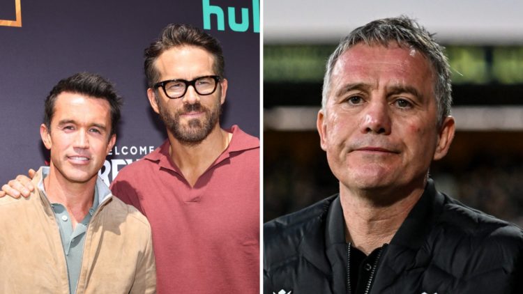 Rob McElhenney and Ryan Reynolds attend the FYC red carpet for FX's Welcome to Wrexham. Phil Parkinson looks on during Cambridge United v Wrexham i...