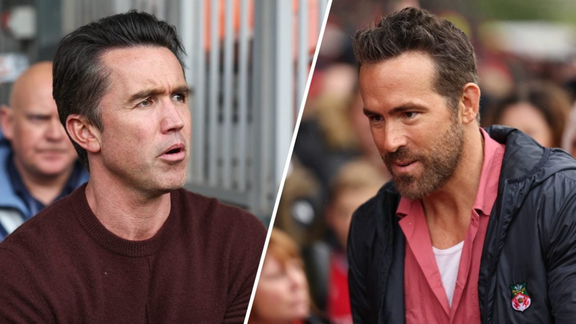A split image of Rob McElhenney arriving for Blackpool v Wrexham (L) and Ryan Reynolds arriving for Wrexham v Milton Keynes Dons (R)