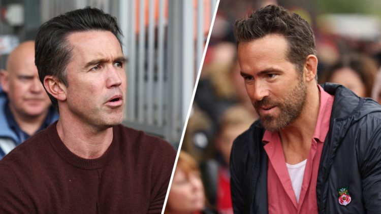 A split image of Rob McElhenney arriving for Blackpool v Wrexham (L) and Ryan Reynolds arriving for Wrexham v Milton Keynes Dons (R)