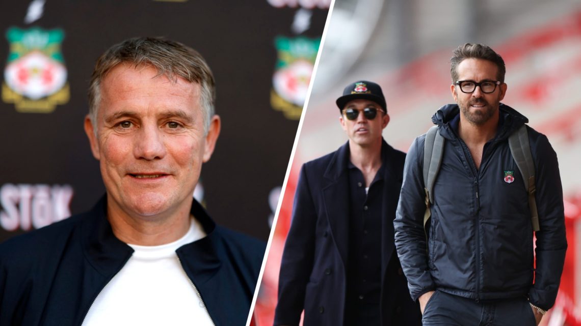 A split image of Wrexham boss Phil Parkinson (L) and Rob McElhenney alongside Ryan Reynolds (R)