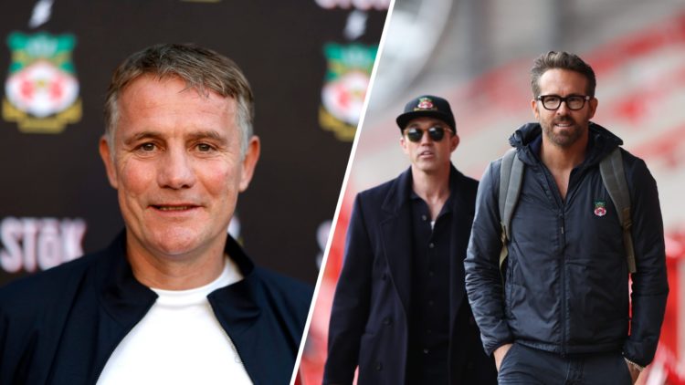 A split image of Wrexham boss Phil Parkinson (L) and Rob McElhenney alongside Ryan Reynolds (R)