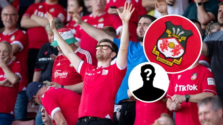 Wrexham fans celebrating. Inset, Wrexham badge and mystery graphic.
