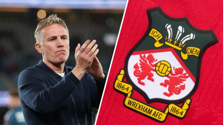 A split image of Wrexham boss Phil Parkinson (L) and the Wrexham badge (R)