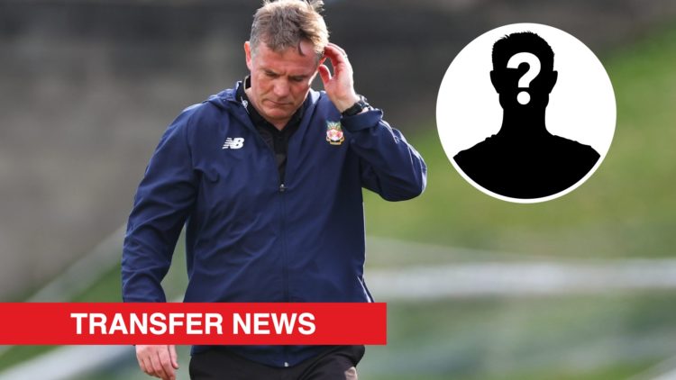 Wrexham boss Phil Parkinson looks dejected against Halifax Town. Inset, a mystery player icon and red banner with 'transfer news' in white.