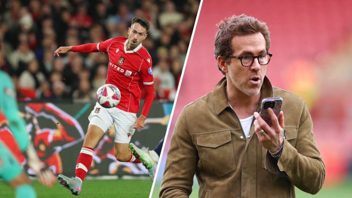 A split image of Wrexham striker Ryan Hardie (L) and Wrexham co-chairman Ryan Reynolds (R)