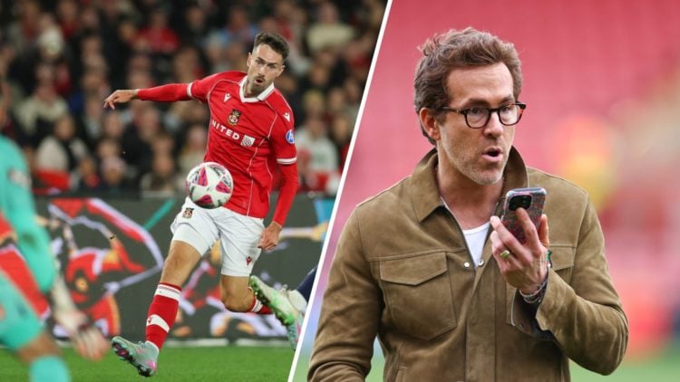 A split image of Wrexham striker Ryan Hardie (L) and Wrexham co-chairman Ryan Reynolds (R)