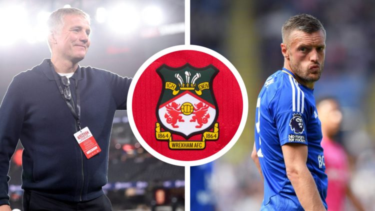 Split image of Wrexham manager Phil Parkinson waving at supporters, and Leicester City striker Jamie Vardy during a Premier League match. Inset a p...
