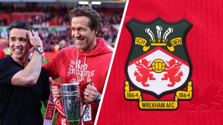 Rob McElhenney and Ryan Reynolds co-owners of Wrexham with the promotion trophy during the Sky Bet League One match between Wrexham AFC and Charlto...