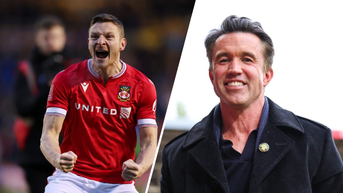 A split image of Wrexham striker Paul Mullin (L) and Wrexham co-owner Rob McElhenney (R)
