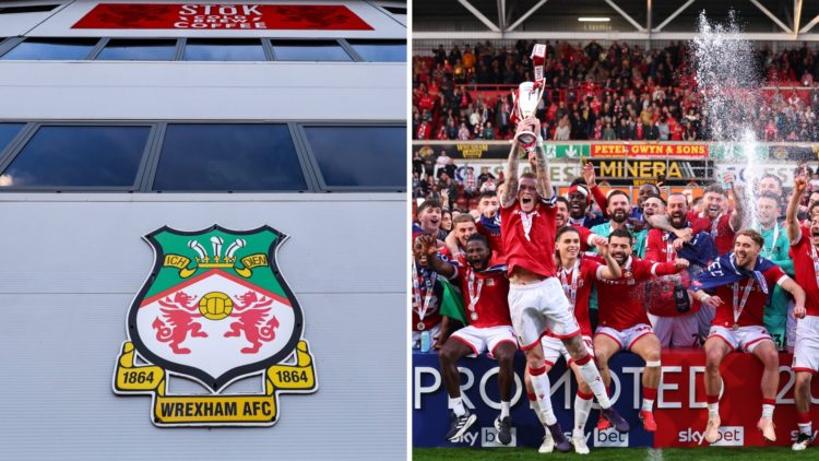 An exterior view of the Racecourse Ground during Wrexham v Wolverhampton Wanderers U21in the EFL Trophy. Wrexham players celebrate promotion after ...