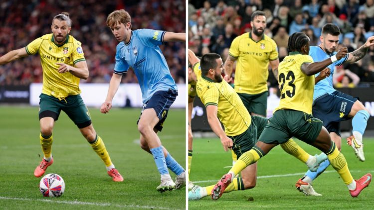 Jared Middleton of Sydney FC battles for possession with Jay Rodriguez of Wrexham AFC. Alex Popovic scores a goal during the football friendly matc...