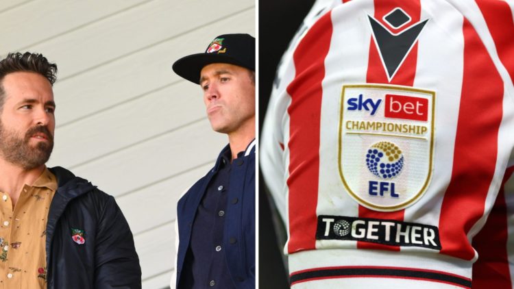 Ryan Reynolds and Rob McElhenney during Wrexham v Notts County - Vanarama National League. Detailed view of the Sky Bet Championship logo during th...