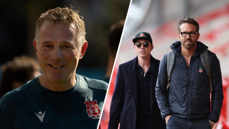 A split image of Wrexham boss Phil Parkinson during a training session (L), and Rob McElhenney alongside Ryan Reynolds (R)