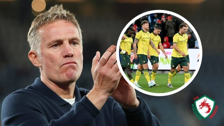 Wrexham manager Phil Parkinson applauds the fans. Inset a picture of the Wrexham players after conceding a goal against Sydney FC.