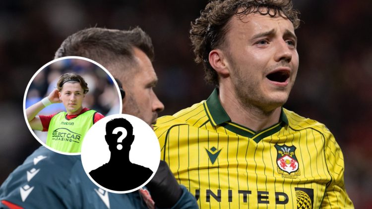 Wrexham's Ollie Rathbone. Inset, Reading's Charlie Savage and mystery player graphic.