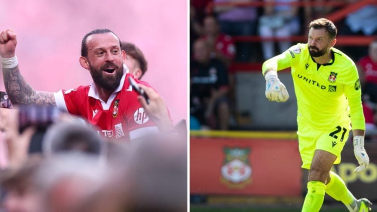 Steven Fletcher of Wrexham celebrates with fans on the pitch after winning promotion during the Sky Bet League One match between Wrexham AFC and Ch...