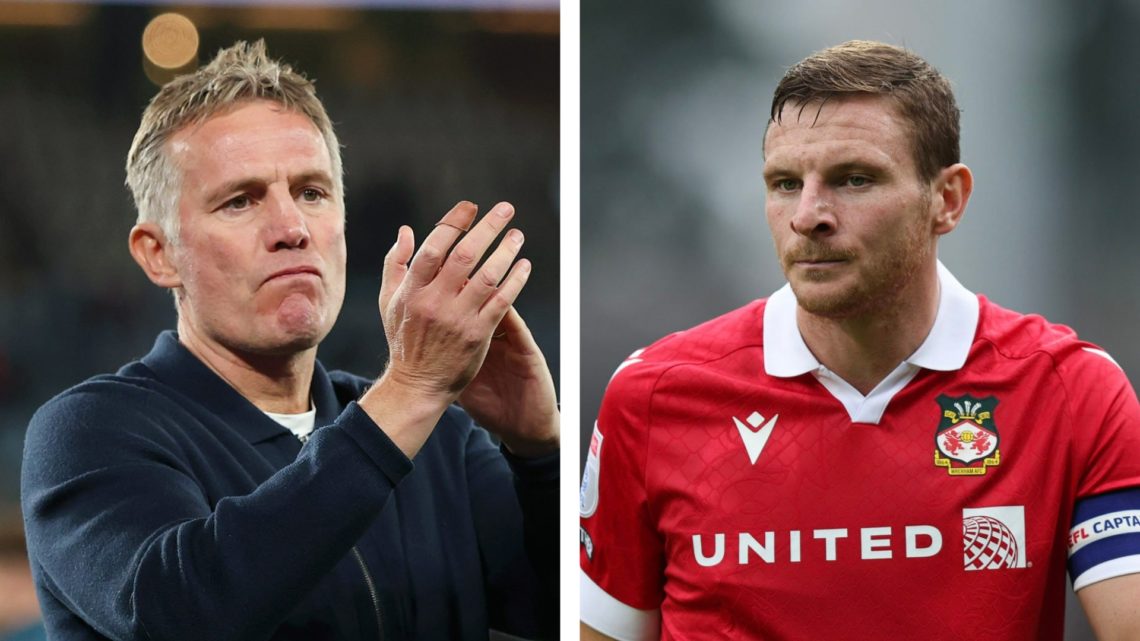 Split image of Wrexham manager Phil Parkinson applauding the fans, and Wrexham striker Paul Mullin during a game.