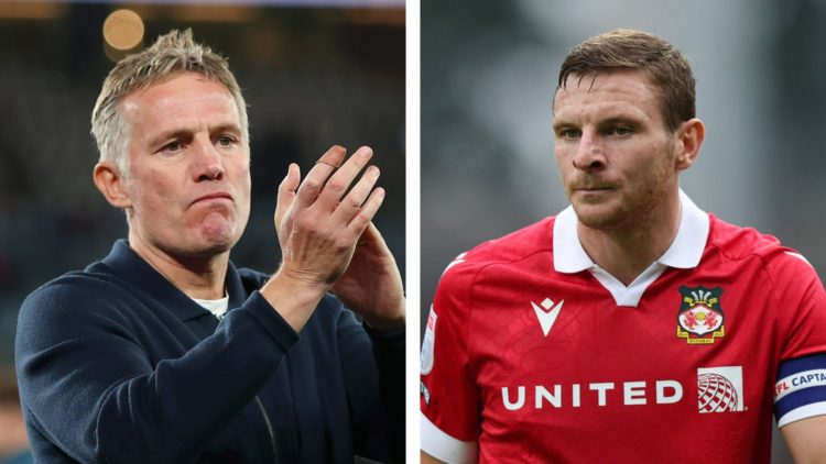 Split image of Wrexham manager Phil Parkinson applauding the fans, and Wrexham striker Paul Mullin during a game.